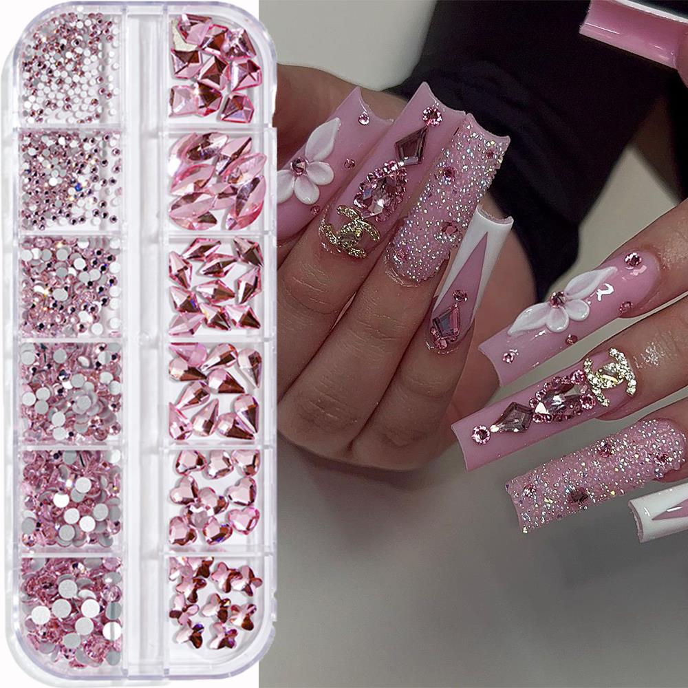 Nail Art Valentines Day - 12 شبكة من أحجار الراين ثلاثية